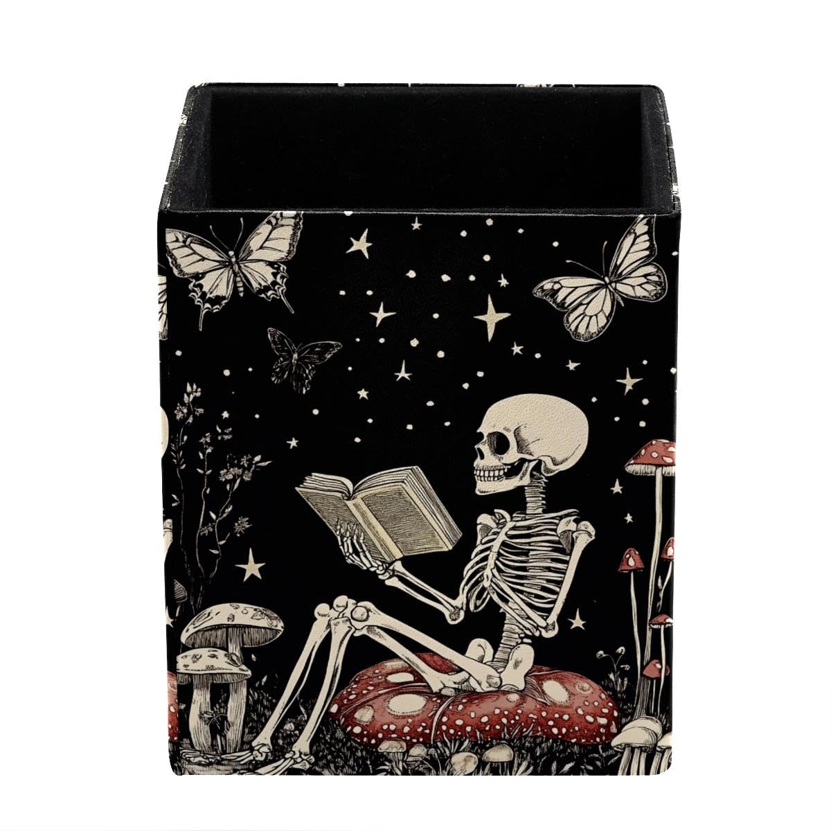 HEOEH Funny Skeleton Pen Holder Pen Pot, Square Pencil Cup for Desk