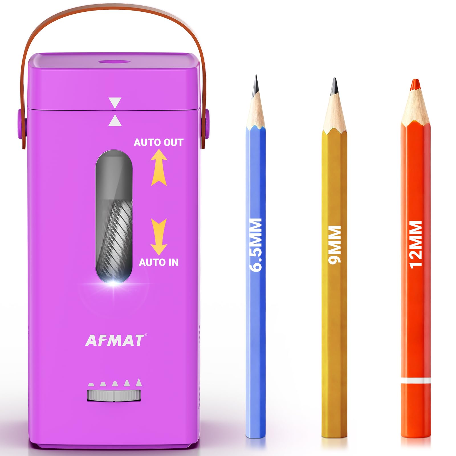 AFMAT Temperamatite elettrico, temperamatite completamente automatico, auto in & fuori, temperamatite ricaricabile, per matite Jumbo e colorate (6,5 – 12 mm), portatile per casa, aula, ufficio, viola