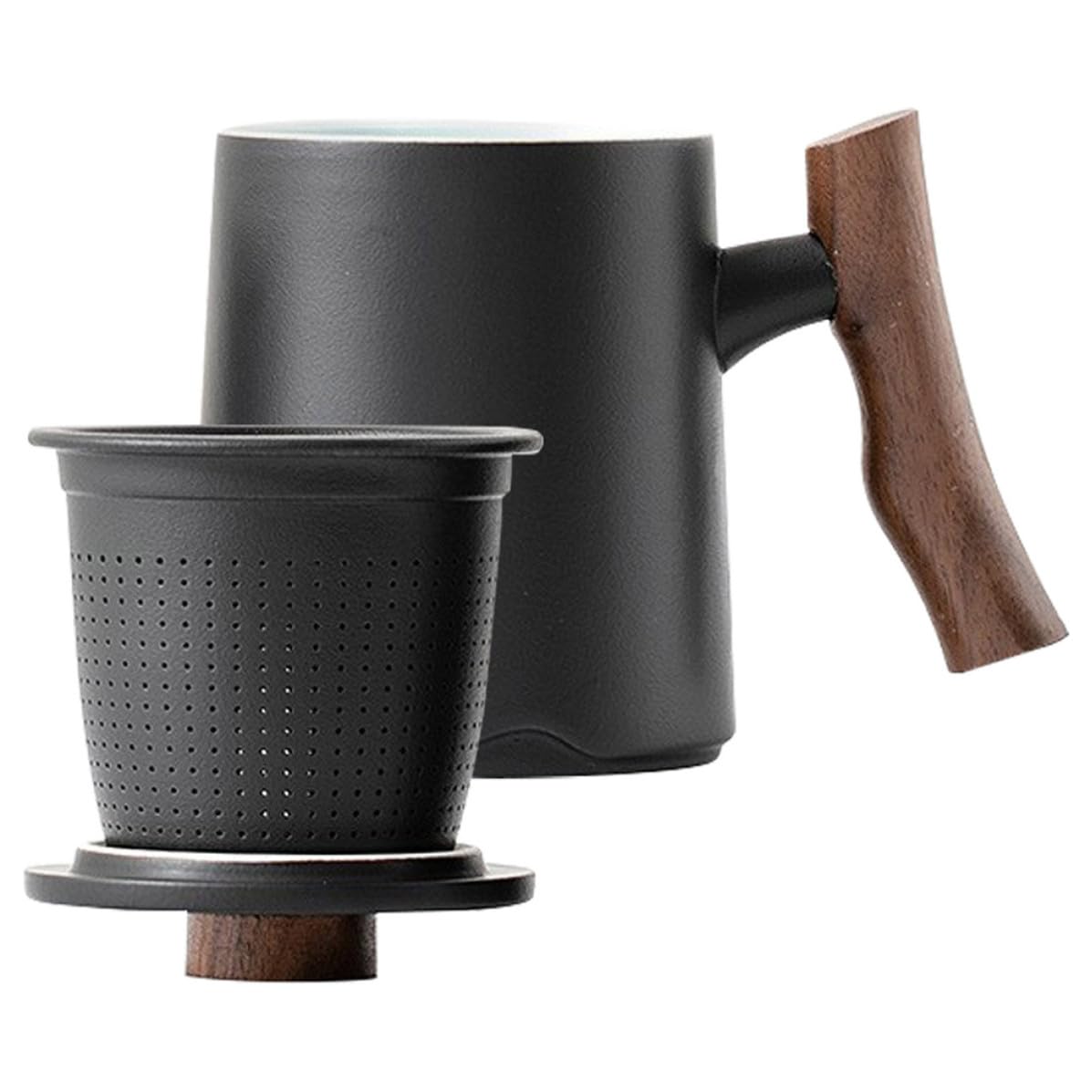 Happyyami Taza de Cerámica Negra con Filtro y Asa de Madera 360ml para Infusión de Té Fácil de Limpiar Diseño Elegante para Varias Ocasiones
