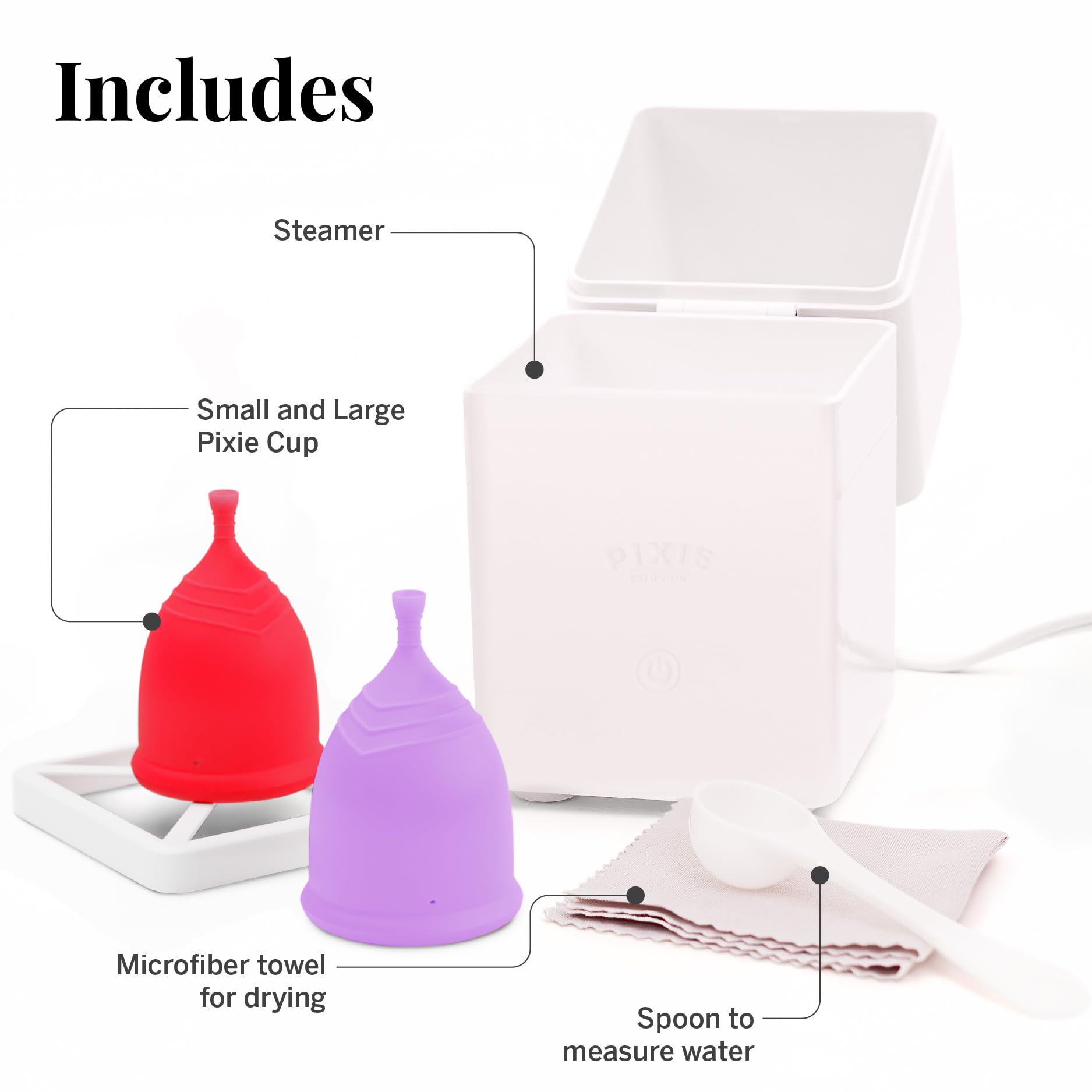 Menstruationstassen mit Sterilisator – Platz 1 der bequemsten, weichen, wiederverwendbaren Periodentassen – Tötet 99,9% der Keime mit Dampfreiniger – Reinigt in 3 Min – Kompaktes Desinfektions-Set