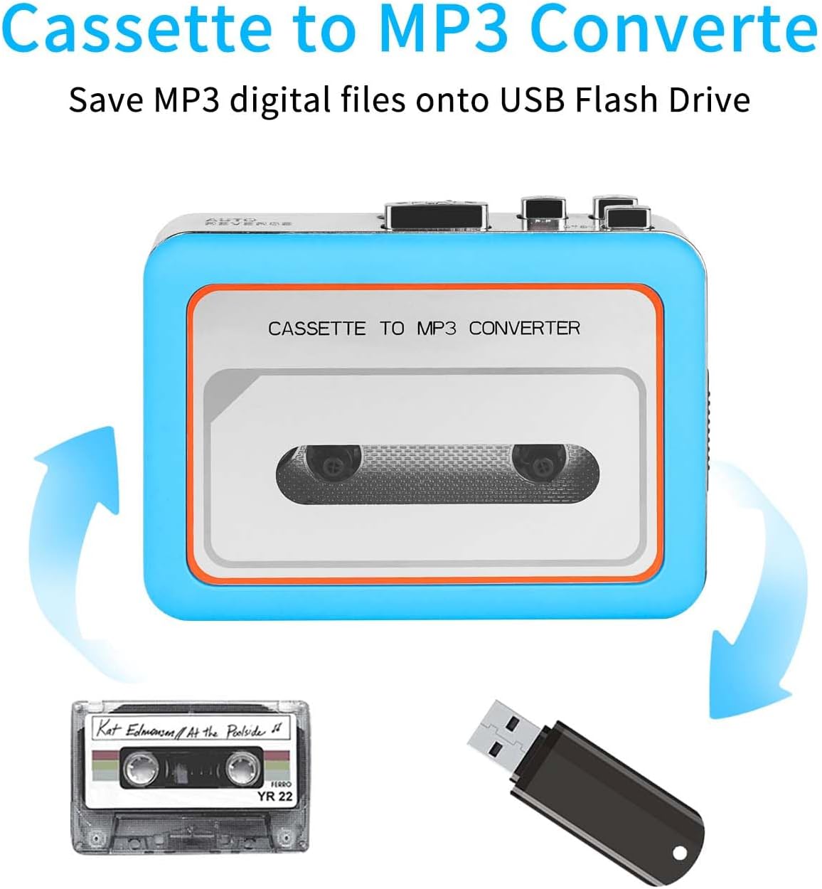 Portable Cassette to USB Converter,Dual Speaker Pure Stereo &Auto Reverse Cassette Player, Cassette Tape Playerwith 3.5mm Headphone Jack，Supports U Disk, USB Card Reader