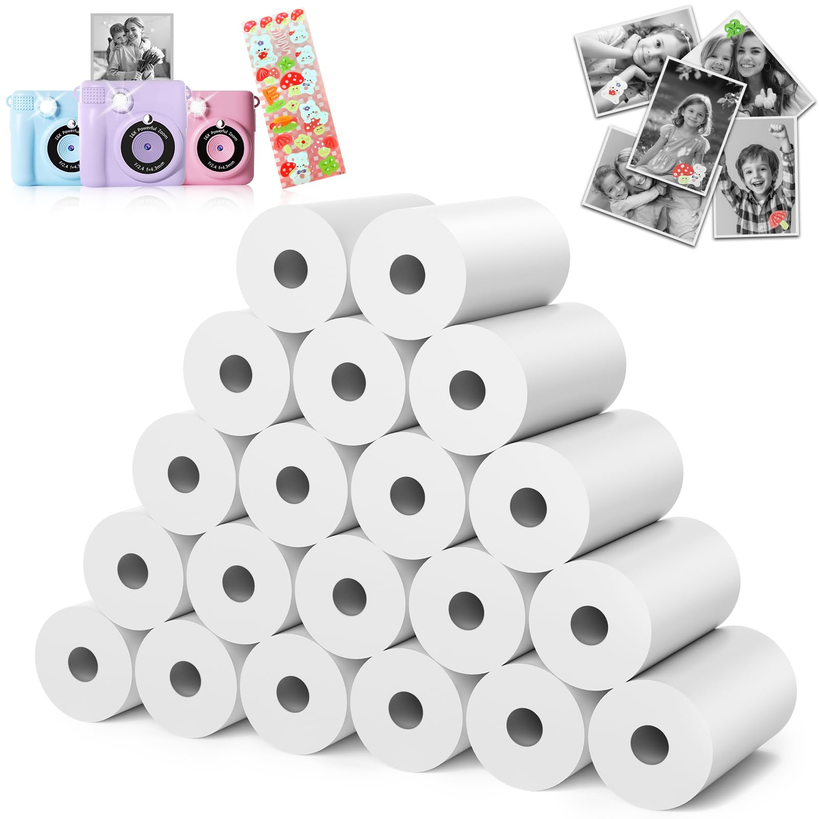 20 Rolls Kids Camera Paper Roll Refill - HD kids camera instant print paper, 55x25mm Print 180 Sheets with Cute Stickers, Scratch-Resistant, BPA Free,