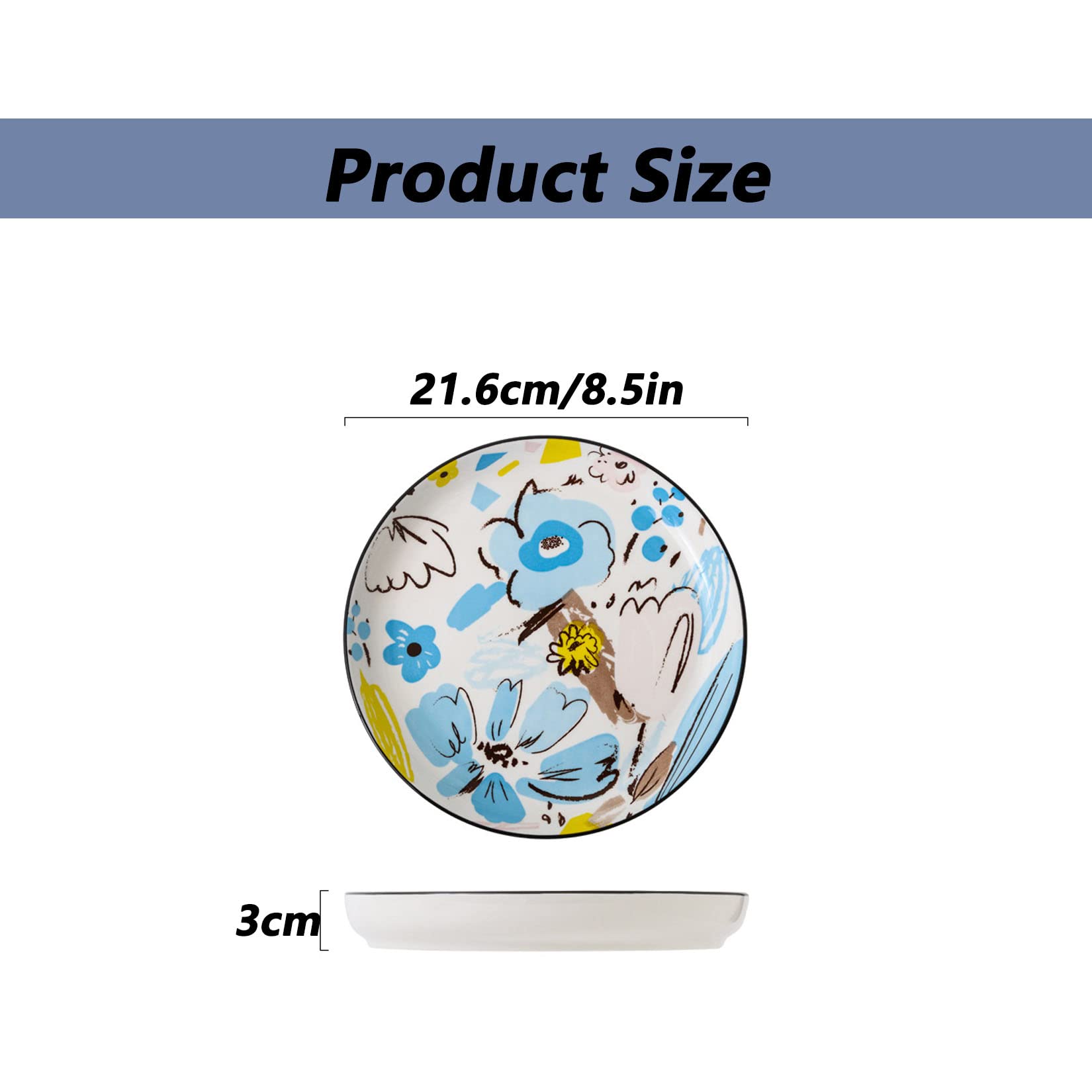 Juego De 4 Platos De Porcelana De 8,5 Pulgadas, Decorados Con Creativos Estampados De Flores, Borde De Plato Elevado, Puede Contener Ensaladas, Bistecs, Postres,Azul,8.5in