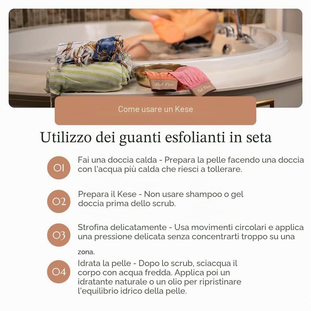Feel Fine Set di Guanti Esfolianti Turchi – Kese Hammam in 100% Seta di Bozzolo Grezza per Uomo e Donna | Scrubber Esfoliante Artigianale per Doccia, Bagno e Sauna (crema e oro)