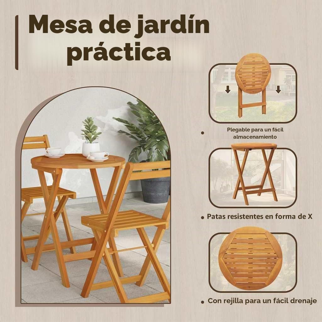 vidaXL Mesa de Jardín Plegable Redonda Ø60 x 72cm de Madera Sólida de Acacia, Ideal para el Exterior, Diseño Moderno, Acabado Suave y Brillante, Ahorra Espacio, Cenas o Cafés. Mueble P