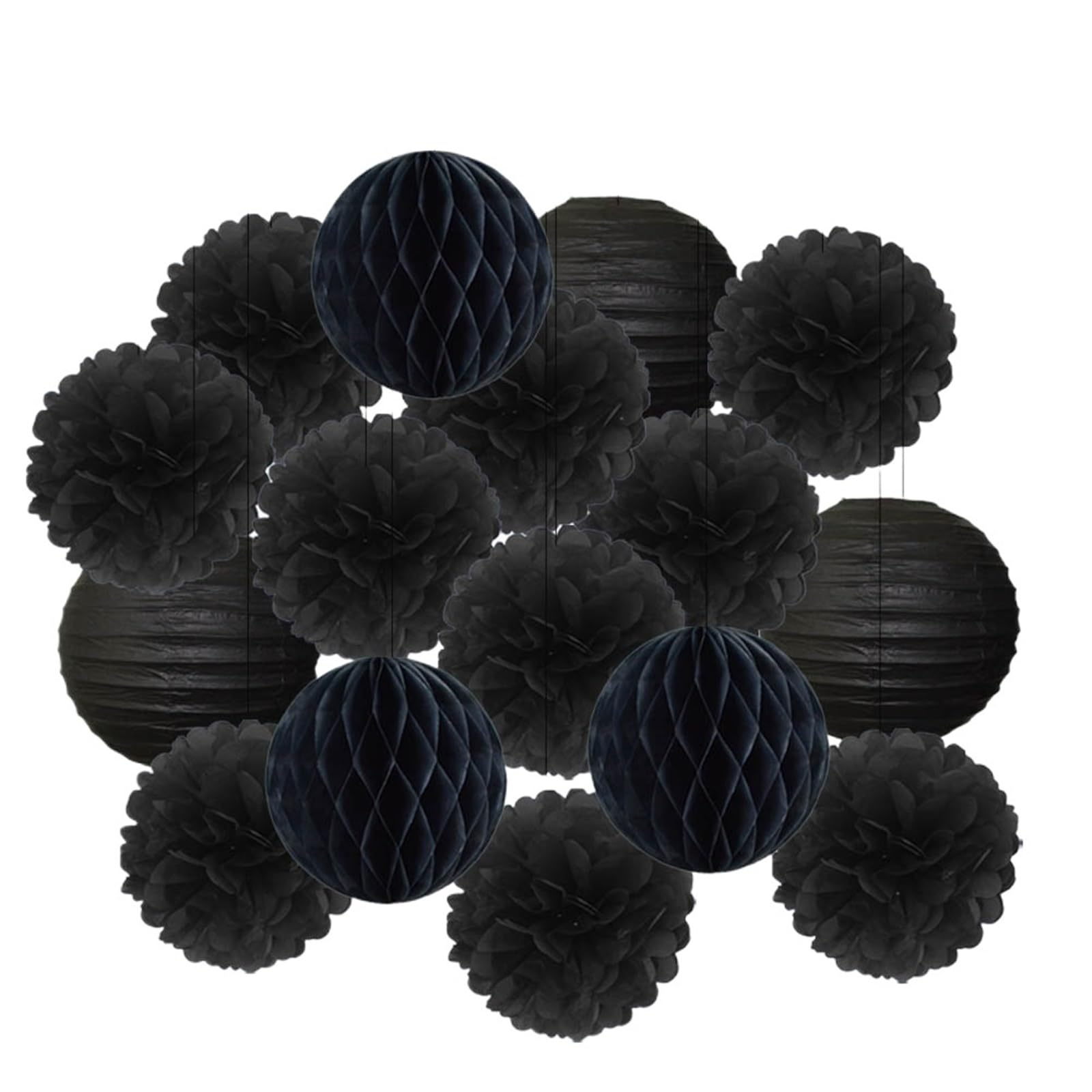 Paper Lanterns Boy Girl Birthday Party Favor Yellow Set Folding Round Paper Lantern Wedding Baptism Decor DIY Tissue Pompom(Black Set,8inch(20cm))
