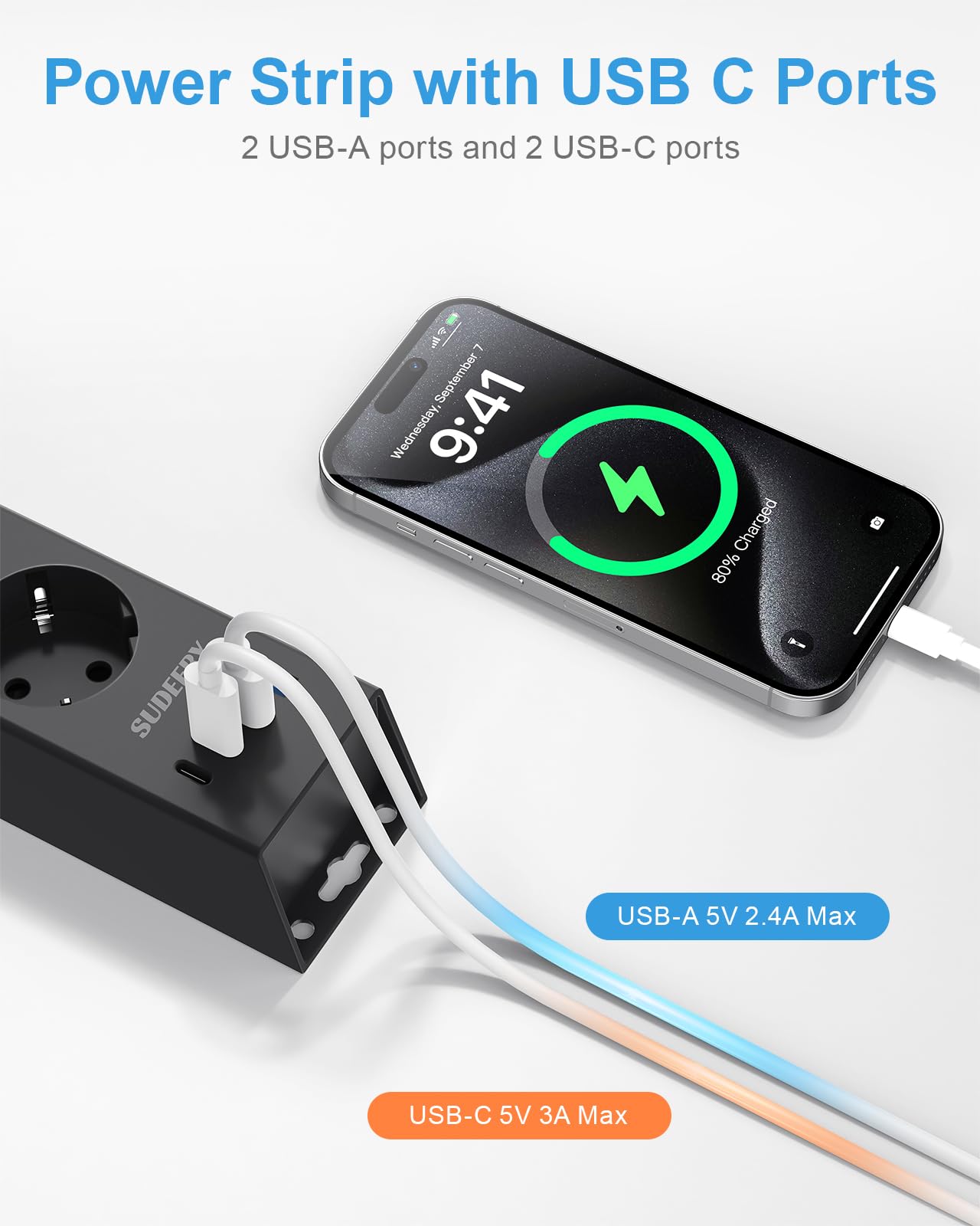 Listwa zasilająca z 4 gniazdami z USB C, listwa zasilająca 8 w 1, montaż ścienny, z przełącznikiem i kablem 2 m, z zabezpieczeniem przed przepięciem, do biura, kuchni (czarna)