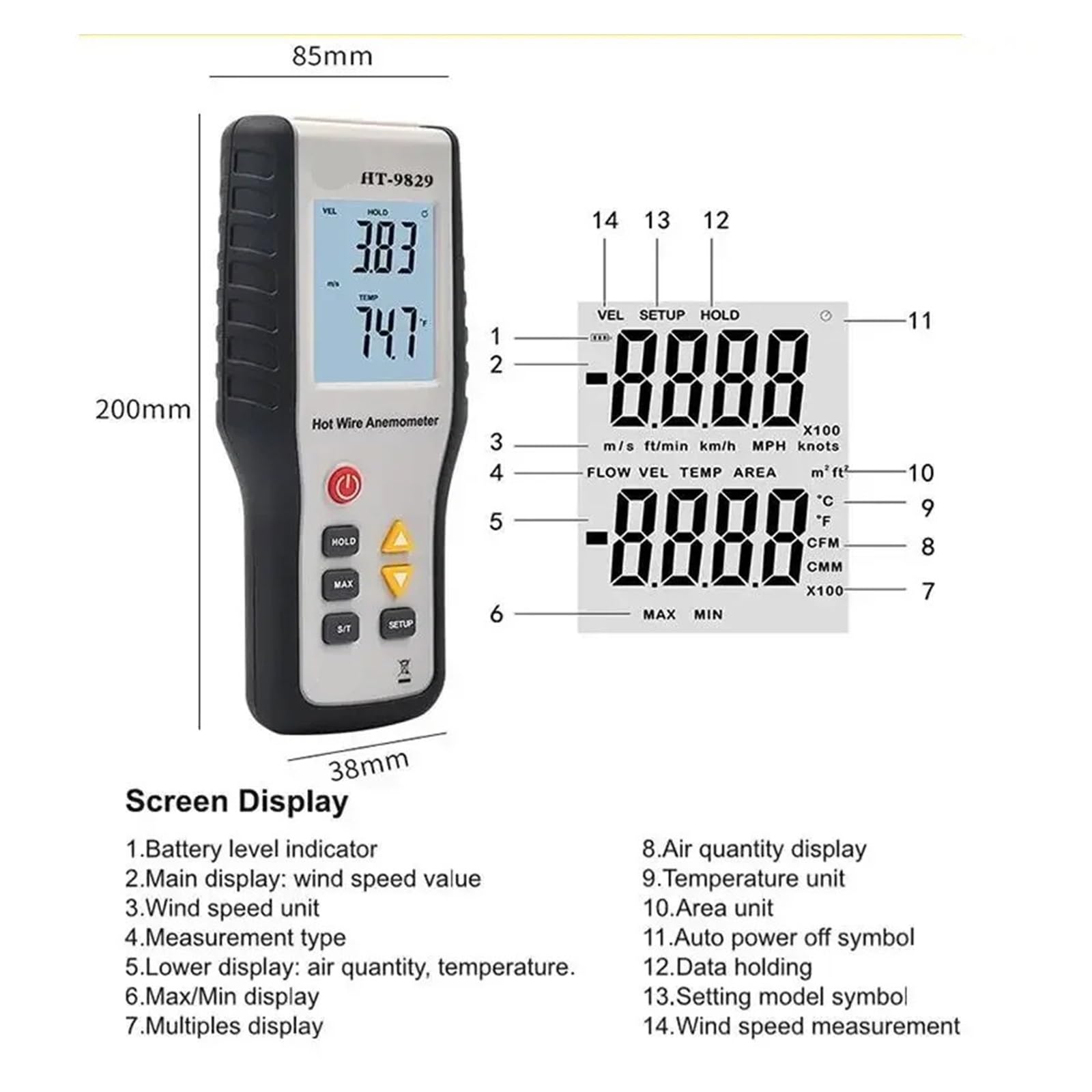 Anemómetro, Anemómetro portátil digital de alta sensibilidad, anemómetro térmico de hilo caliente, anemómetro de medición
