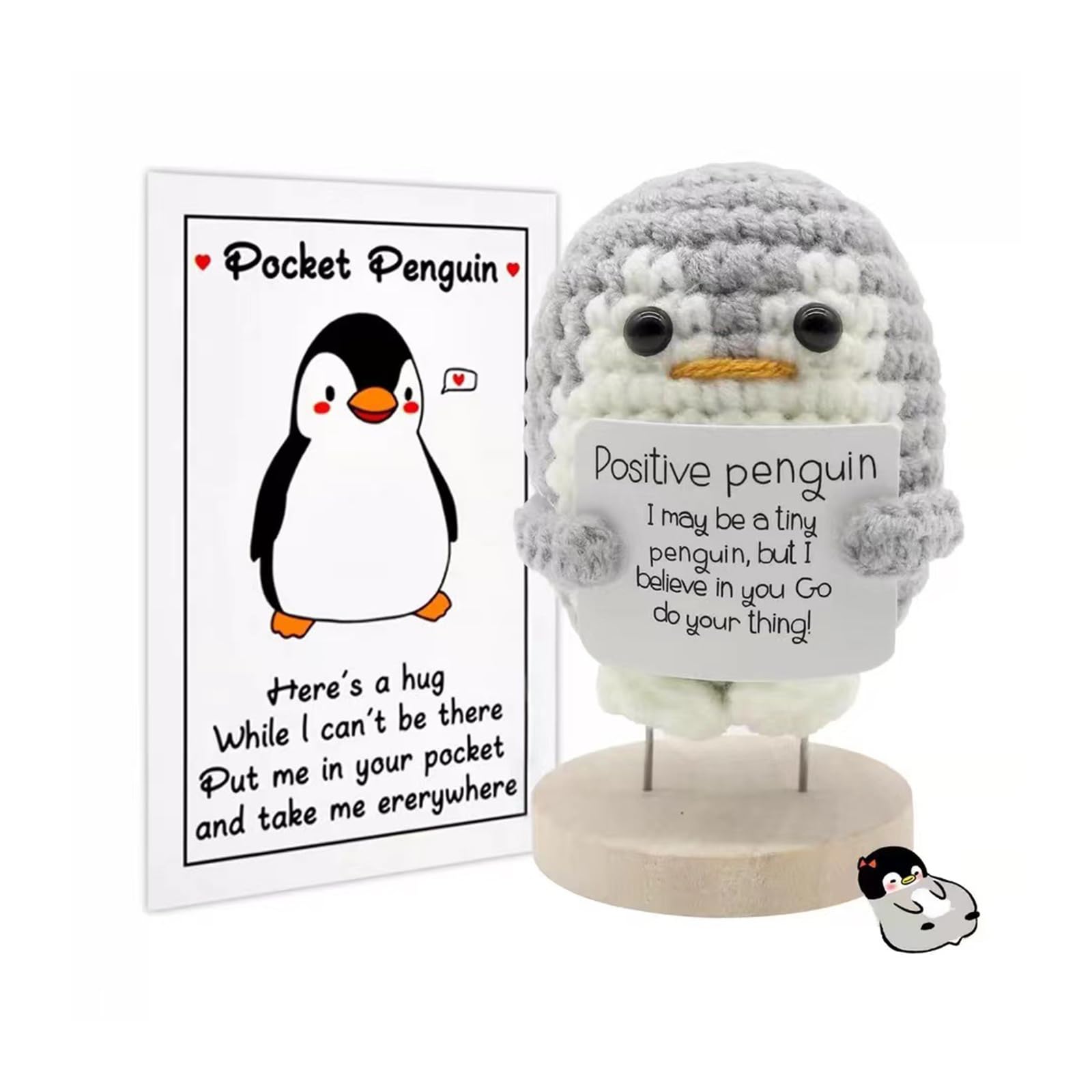 Crochet Penguin Doll with Stand Set Grey Tiny Penguin Gifts Positive Affirmation Emotional Support Plush Doll Pocket Size Soft Yarn Decor Ideal Birthday for Friends Family