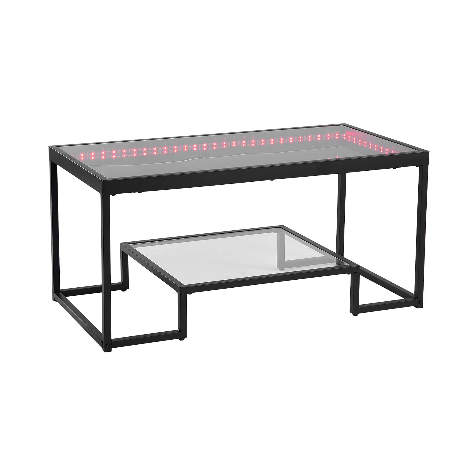 VEVOR Tavolino da Caffè da 100 x 51 x 48 cm in Vetro e Metallo Temperato con Illuminazione, Tavolo Rettangolare con Due Livelli e Spazio di Archiviazione Aperto, per Soggiorno Ufficio Nero