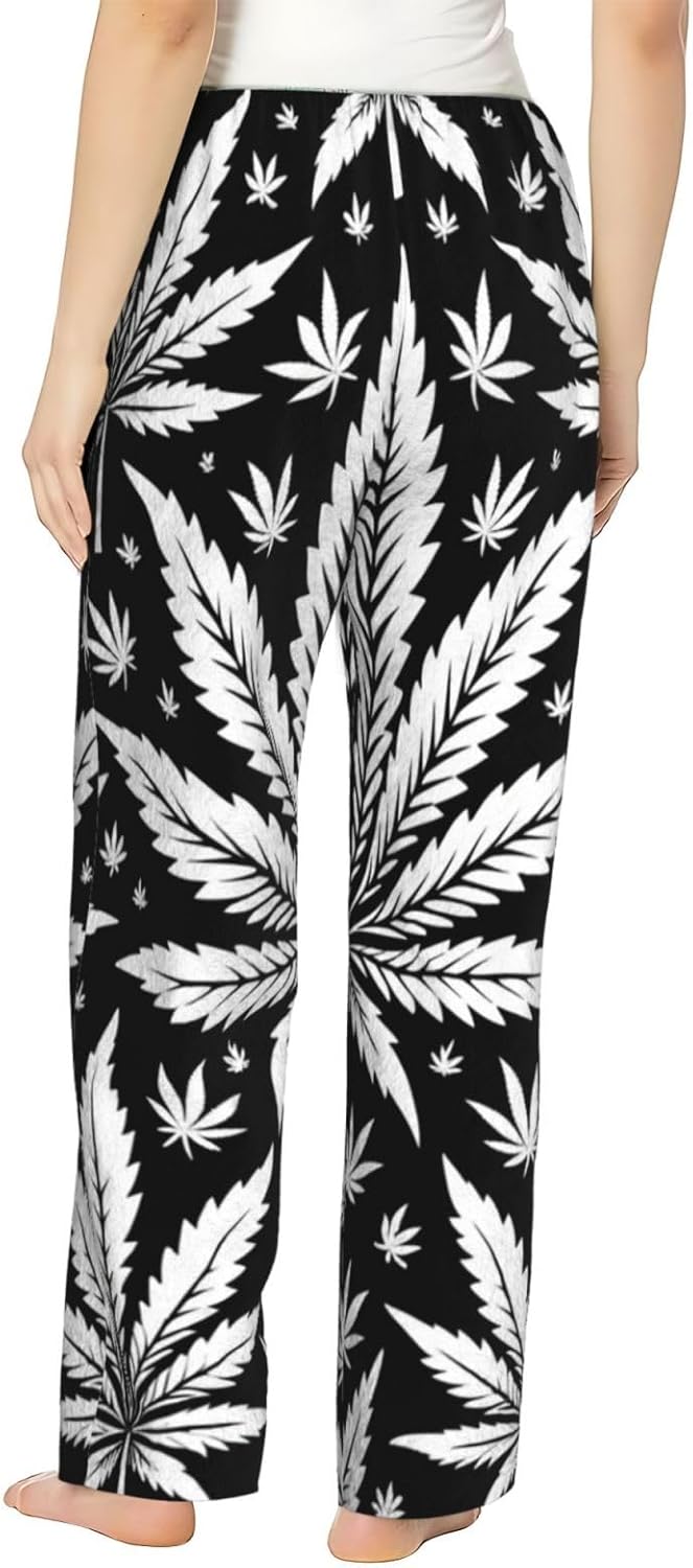 Women'S Vintage-White-Weed Fleece Pajama Pants, Cozy Flannel Lounge Bottoms For Women