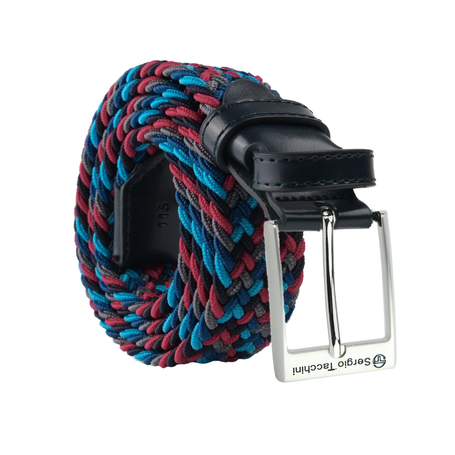 Sergio Tacchini Unisex Braided Elastic Belt, Genuine Leather Trim, Multicolour, Gift Box