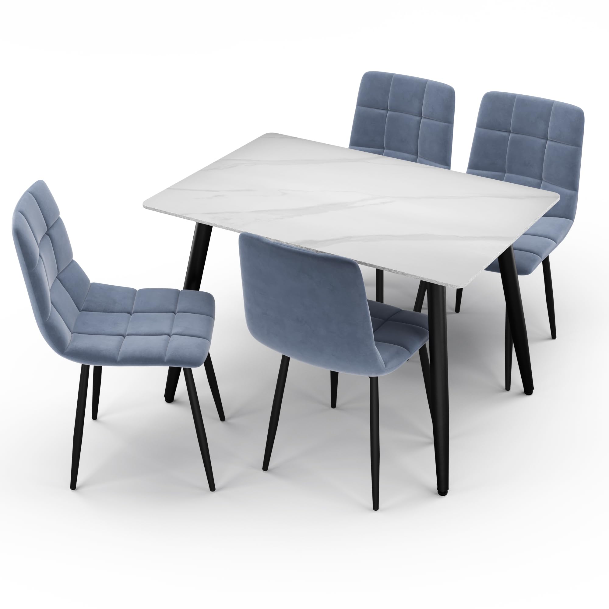 URBNLIVING 120cm Modern Ceramic Top Dining Table & 4 Comfortable Plush Velvet Chairs with Metal Legs Set for Kitchen, Dining Room