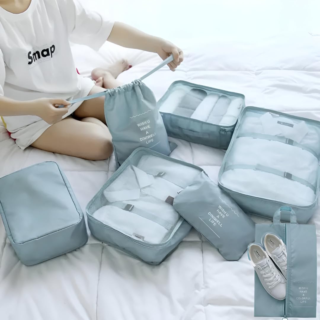 VARENYYA Nylon 7 Pcs Travel Organizer Pouch Packing Cubes For Travel Clothes Space Savers Bags Cosmetics/Underwear/Socks/Shoes Toiletry Organiser Pouch (Navy Blue)