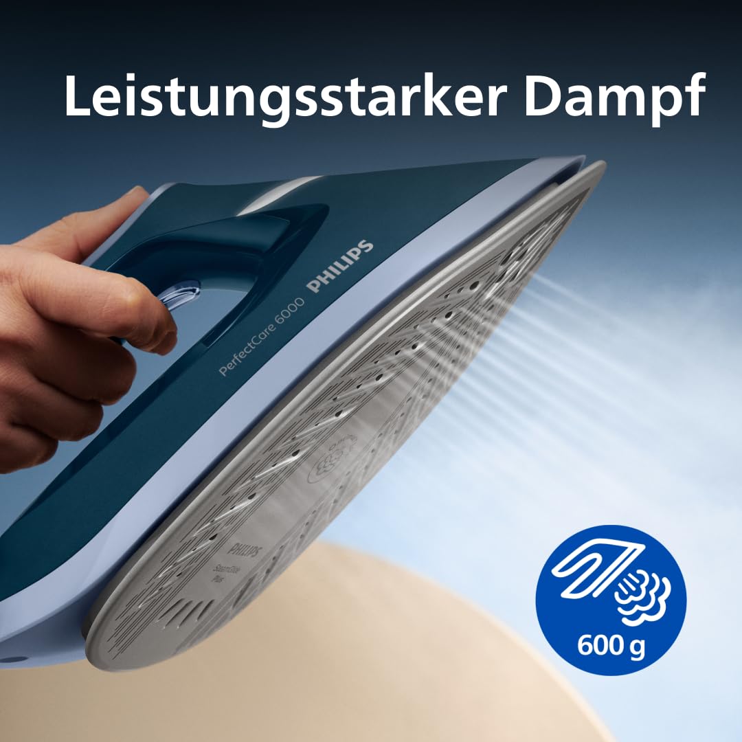 Philips Dampfbügelstation 6000 Serie, Blau, 2400W | 500 g Dampfstoß, 6,5 Bar Pumpendruck, 1,8 L Wassertank, OptimalTEMP, SteamGlide Plus Sohle(PSG6023/20)