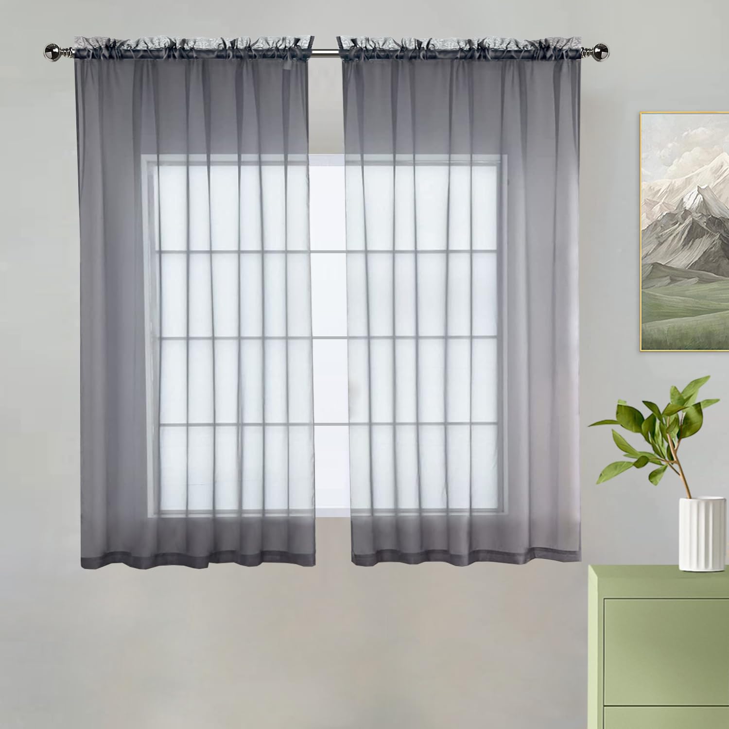 youleyar Solid Sheer Rod Pocket Curtain Voile Draperies 2 Panels White Beige Black Grey Coffee 38 Inch Width 54 Inch Long 1 Pair for Kitchen Bedroom Children Living Room Yard(Grey,38Wx54L) — image 1
