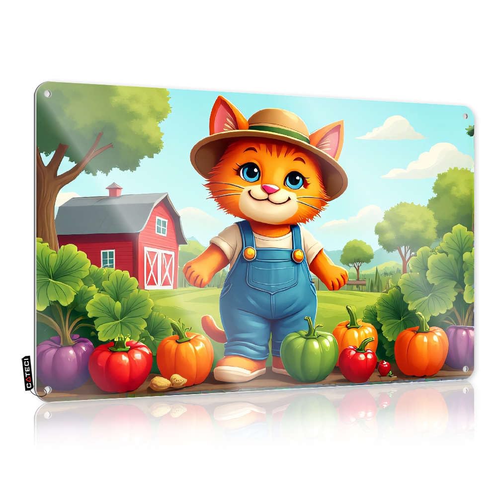 Sujd Colour Tinplate Sign Rustic Cowboy Decor Vintage & Metal No Trespassing Rust-Proof | Dark Cottagecore Wall A Cute Cat Farmer Stands Proudly In Front Of Colorful Garden Filled