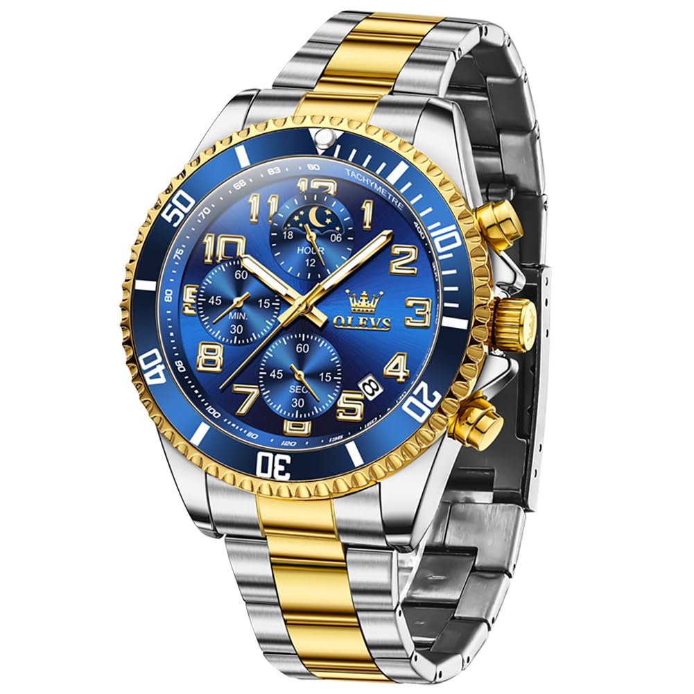 OLEVSMen's Business Watch Gold Blue with Large Easy-Read Analog Quartz Date Display Luxury Stainless Steel Band Waterproof Luminous Hands