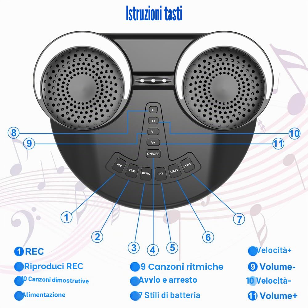 Batteria Elettronica Portatile con Bluetooth e MIDI - 9 Pads Batteria Elettrica, Altoparlanti Stereo Integrati, Batteria Ricaricabile, Ideale Regalo Natale e Compleanno per Bambini e Adulti