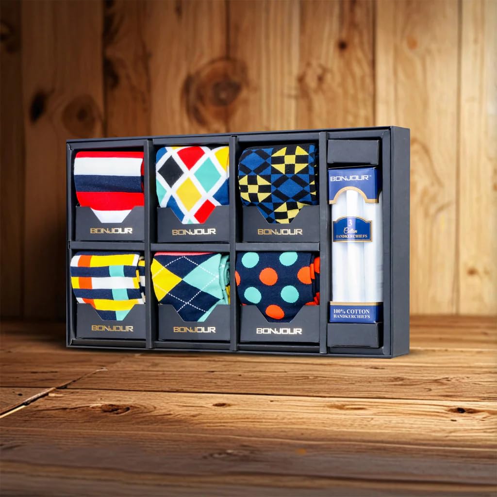 Bonjour Zestaw upominkowy premium – 6 par bawełnianych skarpet o eleganckim wzornictwie z 3 klasycznymi chusteczkami dla mężczyzn