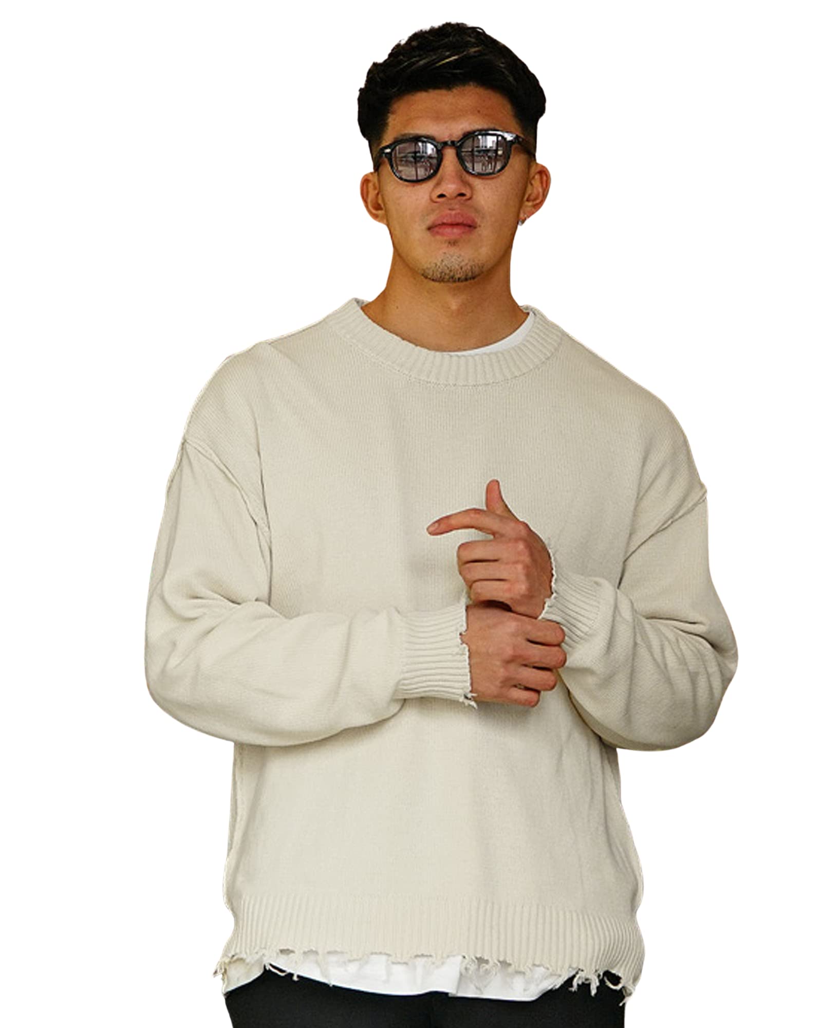 [ジョーカーセレクト] ダメージニット クルーネック セーター メンズ オーバーサイズ メンズ ダメージ加工 ロング 春秋 薄手 ダメージ