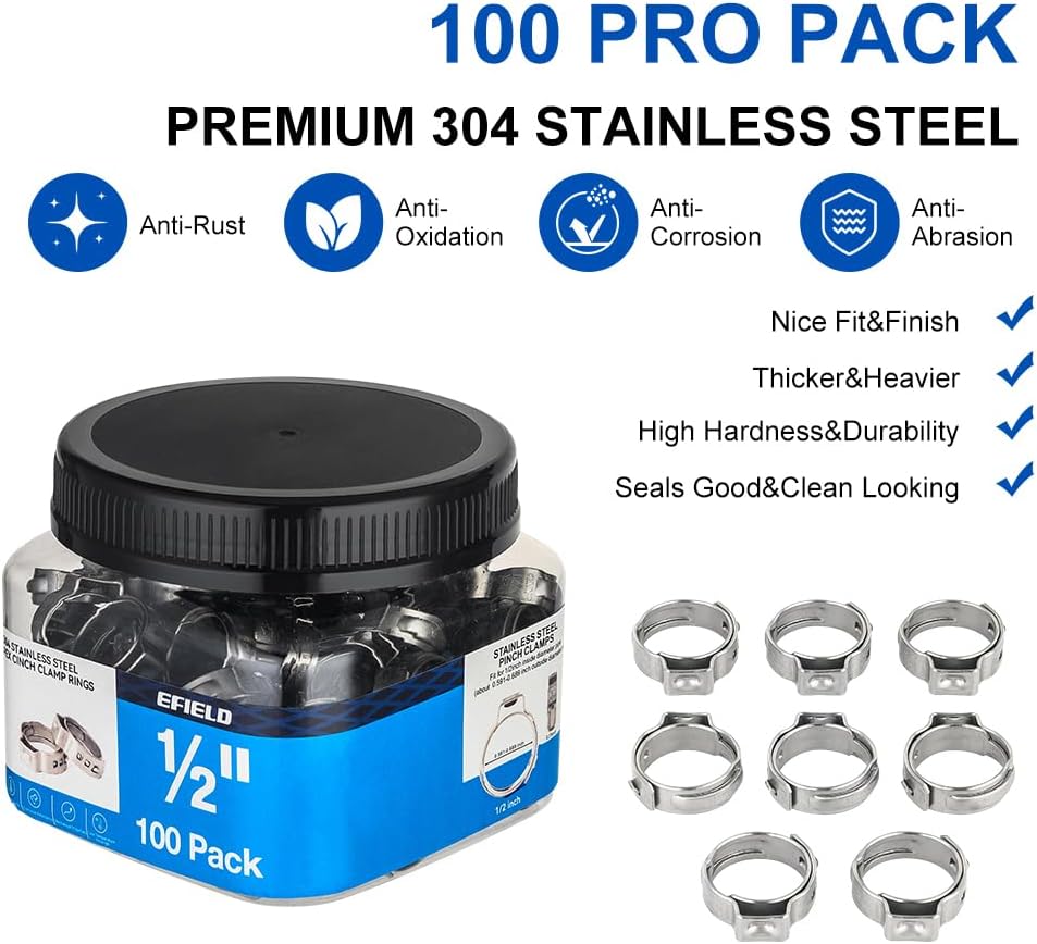 100-Pack EFIELD 1/2-inch Stainless Steel Pex Cinch Clamp Rings for Pex Tubing Pipes,(CLAMP017)