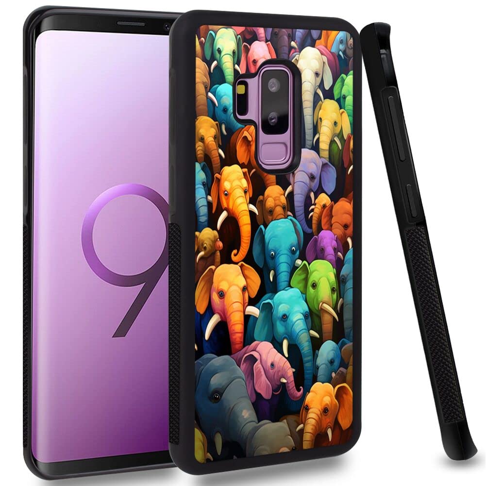 Phone Case for Samsung Galaxy S9 Plus with Elephant Designer Art02 Black Slim Rubber Frame Full Body Protection Cover Case for Samsung Galaxy S9 Plus Drop Protection