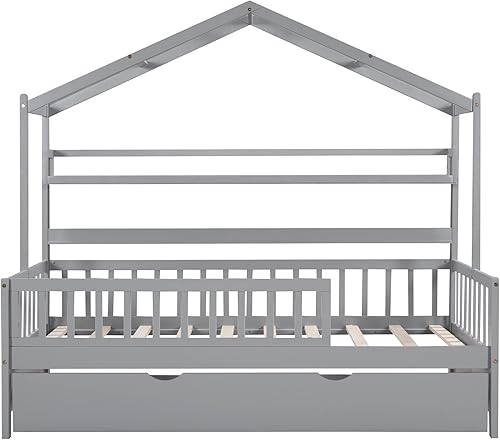 Miniatura 69 de Cama de casa de tamaño individual con 2 cajones, marco de cama de madera y barandilla de seguridad. Ahorra espacio, ideal para el dormitorio de un