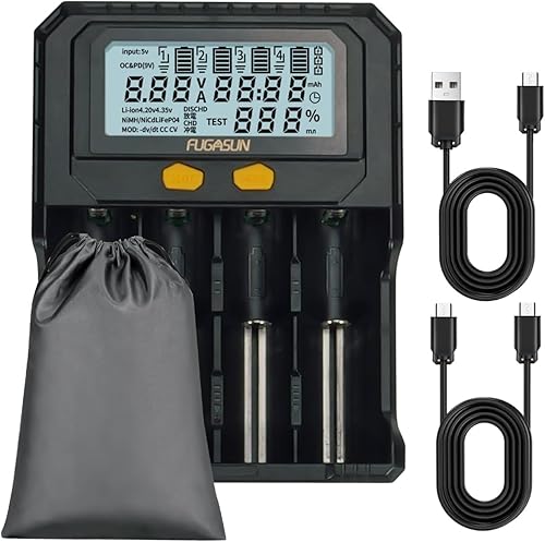 Cargador de batería de 4 bahías 26650 21700 con prueba de capacidad, FUGASUN 4 Bay PD FastQC 3.0 Cargador de batería 18650 26650 Cargador para 32700