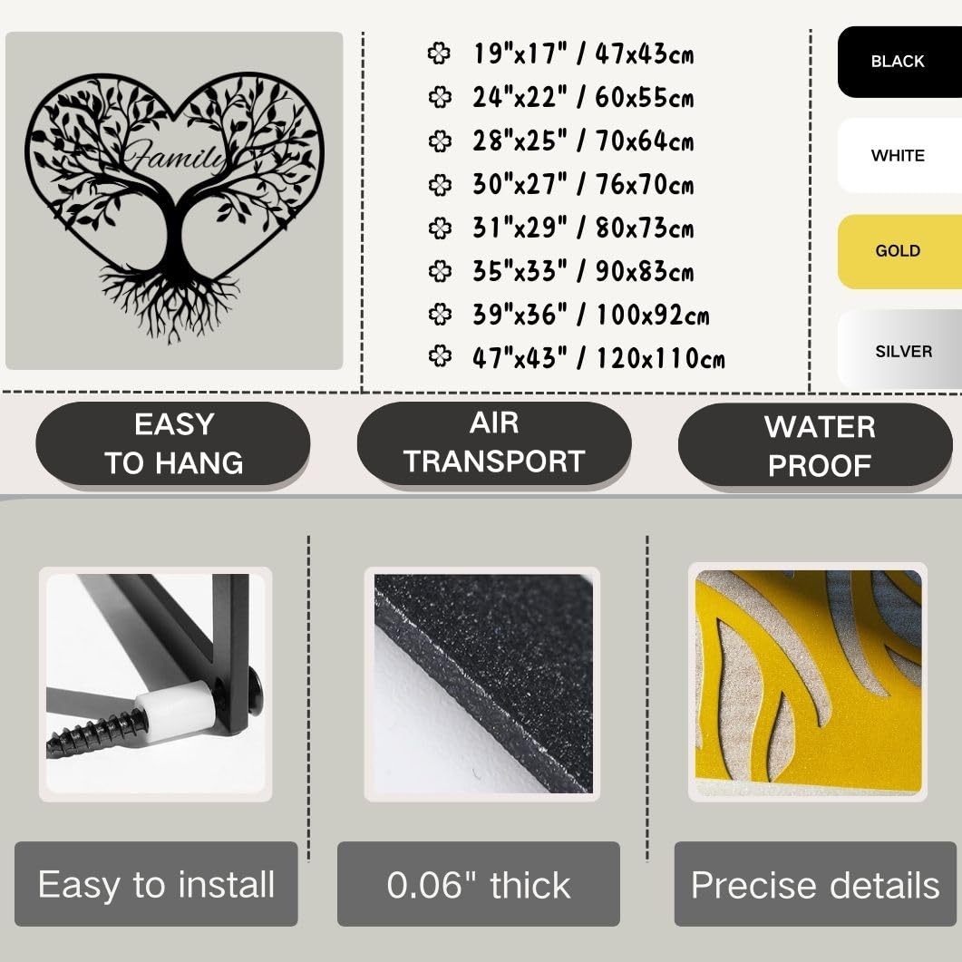 Árbol genealógico de Metal para Pared, decoración de Pared con Forma de corazón, Ideal para Sala de Estar, Dormitorio y baño (Dorado, 90 x 83 cm)