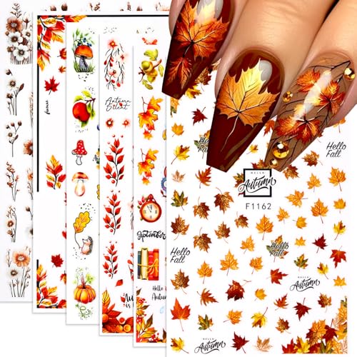 Fall Nail Art Stickers, Autumn Maple Leaf Nail Decals 3D Self-Adhesive...