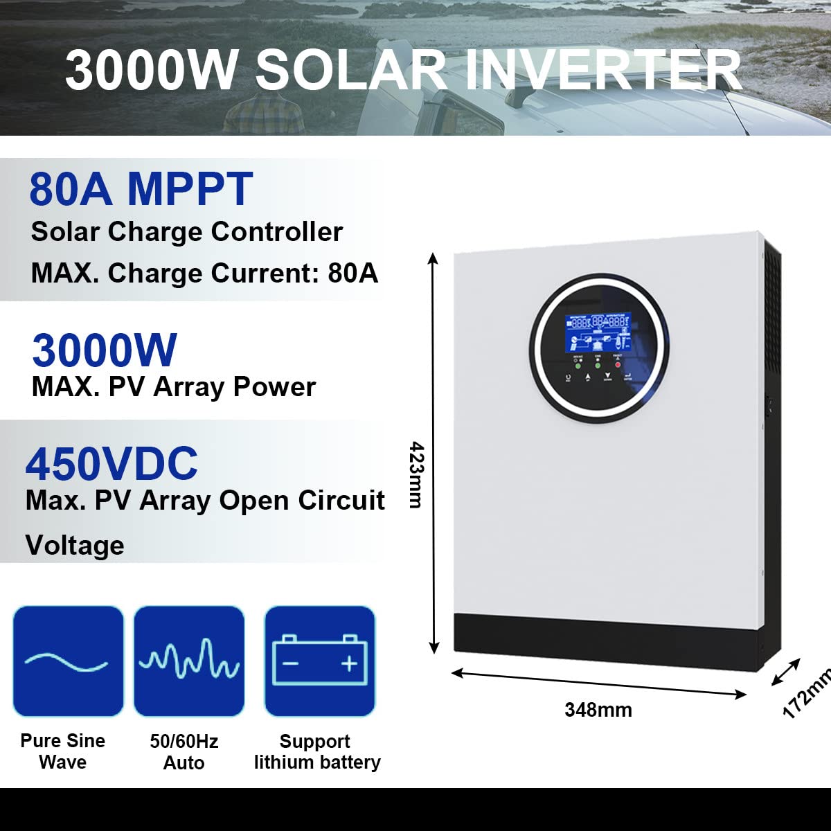 Onduleur Hybride Solaire 3kW 24V AC230V Hors réseau onduleur à Onde sinusoïdale Pure 80A MPPT Chargeur Solaire, PV 130-430V en Prise en Charge WiFi,WithWifi3000W