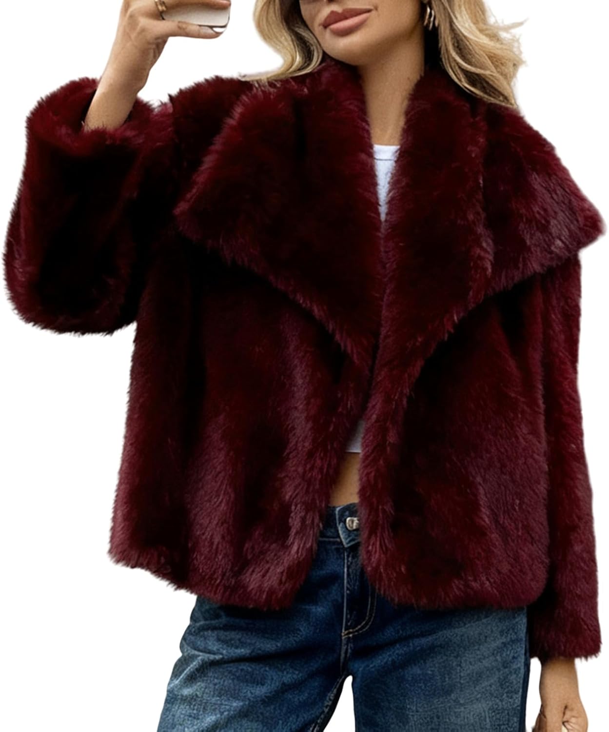 WOWULOVELY Women's Faux Fur Coat Lapel Fluffy Faux Fur Jacket Long Sleeve Furry Overcoat Winter Warm Shaggy Parka