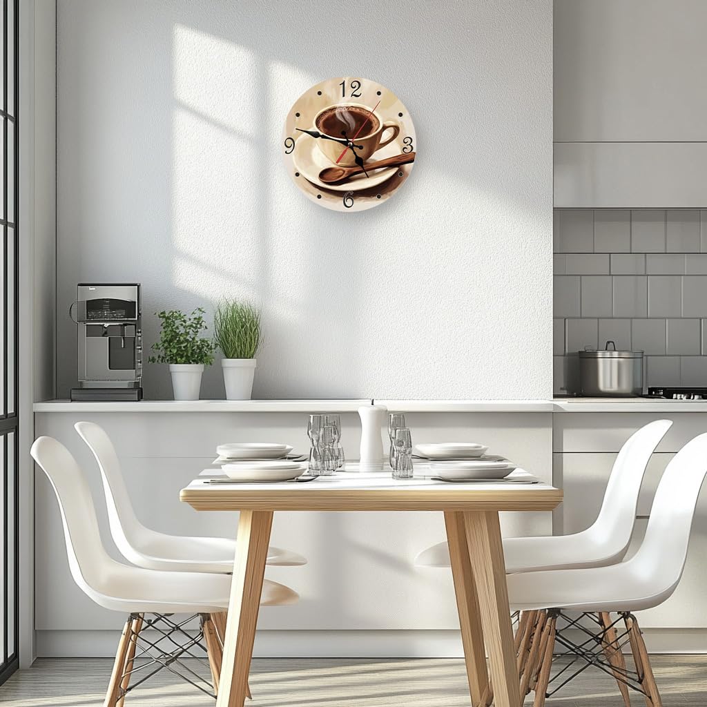 Reloj de pared redondo silencioso de 10 pulgadas, funciona con pilas, decorativo para sala de estar, dormitorio, cocina, baño, comedor, oficina o escuela (taza de café marrón)