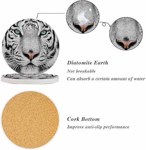 Miniatura 4 de oFloral Juego de 2 posavasos de tigre blanco para bebidas, diseño de animales salvajes, ojos esmeralda, con mirada afilada, para decoración del