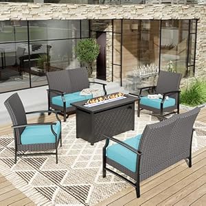HERAS HOUSE 5 Pieces Fire Pit Patio Furniture Set 2 x Wicker Chair 45 Fire Pit Table 2 x 2 Seat Lover Sofa All Weather Outdoor Conversation Set for Lawn Garden Backyard