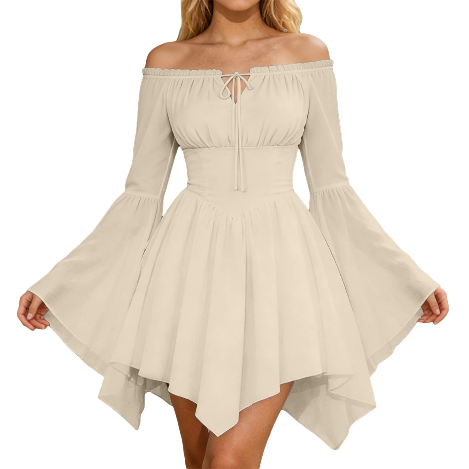 White Pirate Dress for Women, Off Shoulder Ruffle Mini Dress with Puff Sleeves, Smocked Bodice A Line Romper Jumpsuit with Elastic Waist, Pirate Dress for Halloween Cosplay Party