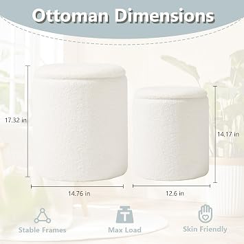 Royal Windsor Boucle Round Ottoman with Storage Set of 2,Small Foot Stool Ottoman for Living Room, Small Coffee Table,Vanity Stool with Storage for Bedroom, White