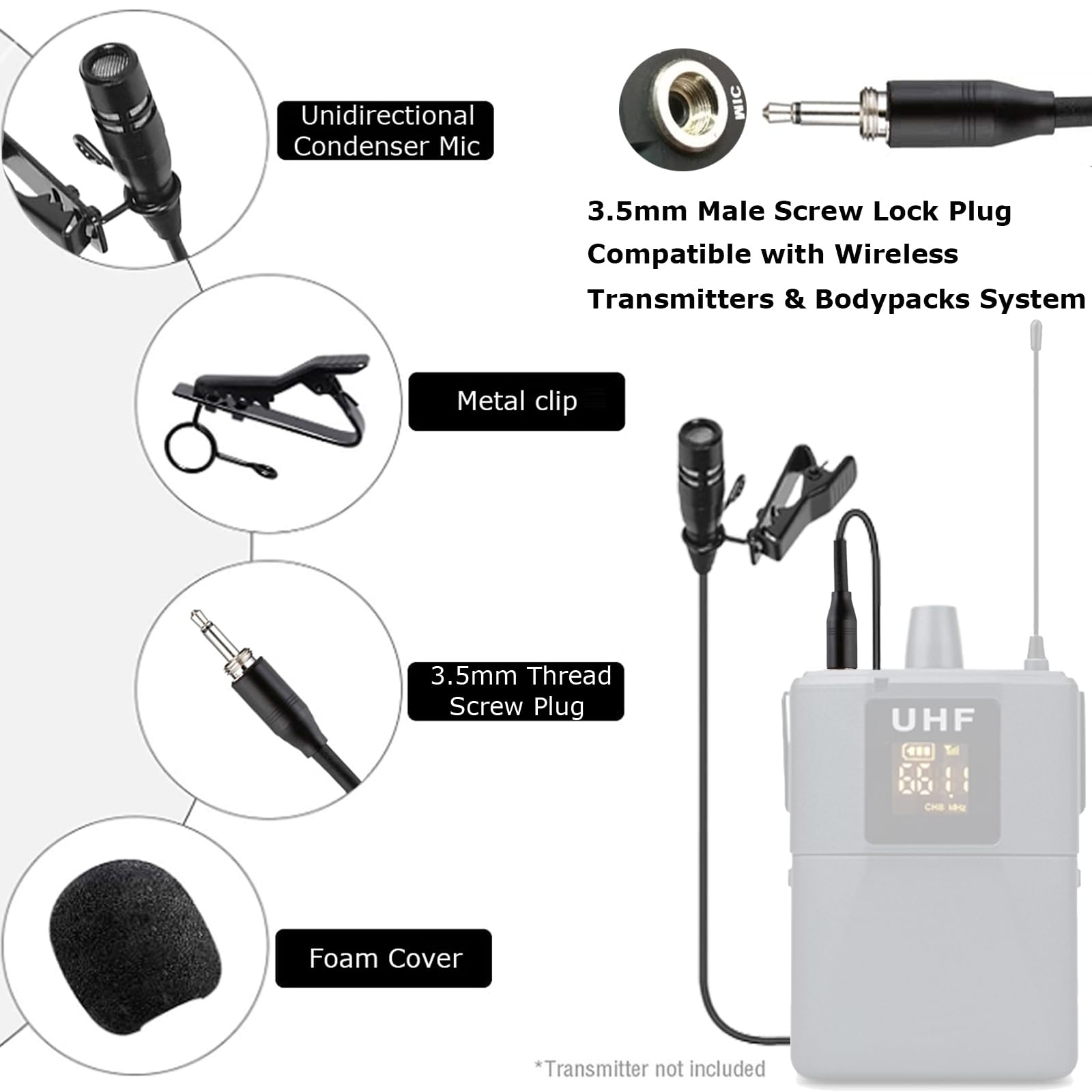 Lavalier Micrófono de solapa unidireccional condensador súper cardioide compatible con sistema transmisor inalámbrico Bodypack con rosca de 3,5 mm