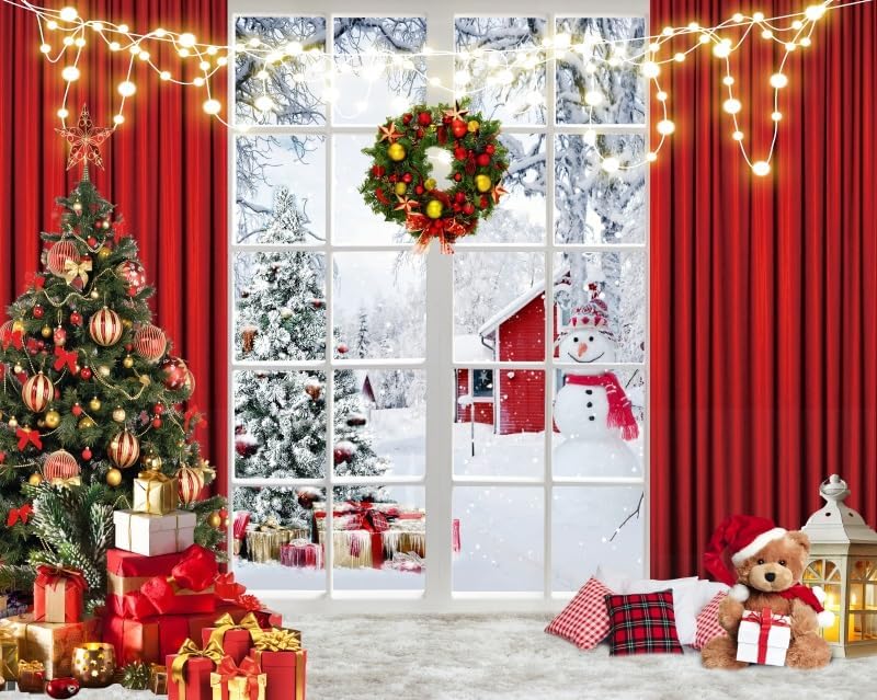 Miniatura 4 de Laeacco Telón de fondo de Navidad de 10 x 8 pies, escenario de fotografía, árboles de Navidad, regalos, luces con purpurina, muñeco de nieve,