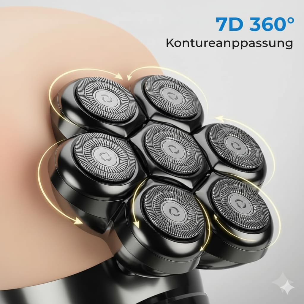 Glatzen Rasierer Herren 7D – Nass & Trocken Kopfrasierer mit 100% wasserdichtem Gehäuse, sanfte Rotationstechnologie, ergonomischer Griff, integrierte Haarkammer, einfache Magnet-Reinigung