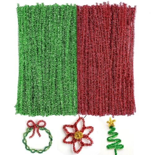 Pfeifenreiniger zum Basteln, 200 Stück Glitzer Pfeifenputzer Blumen Set, Chenilledraht Bastelset, Rot und Grün, 30 cm Pfeifenreiniger zum Basteln Weihnachten für Weihnachten DIY Dekorationen