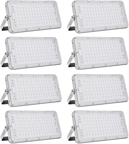 papasbox 8 luces de inundación LED de 100 W para exteriores, 8000 lúmenes, luces de seguridad para exteriores, 6000 K, luz diurna blanca, IP65,