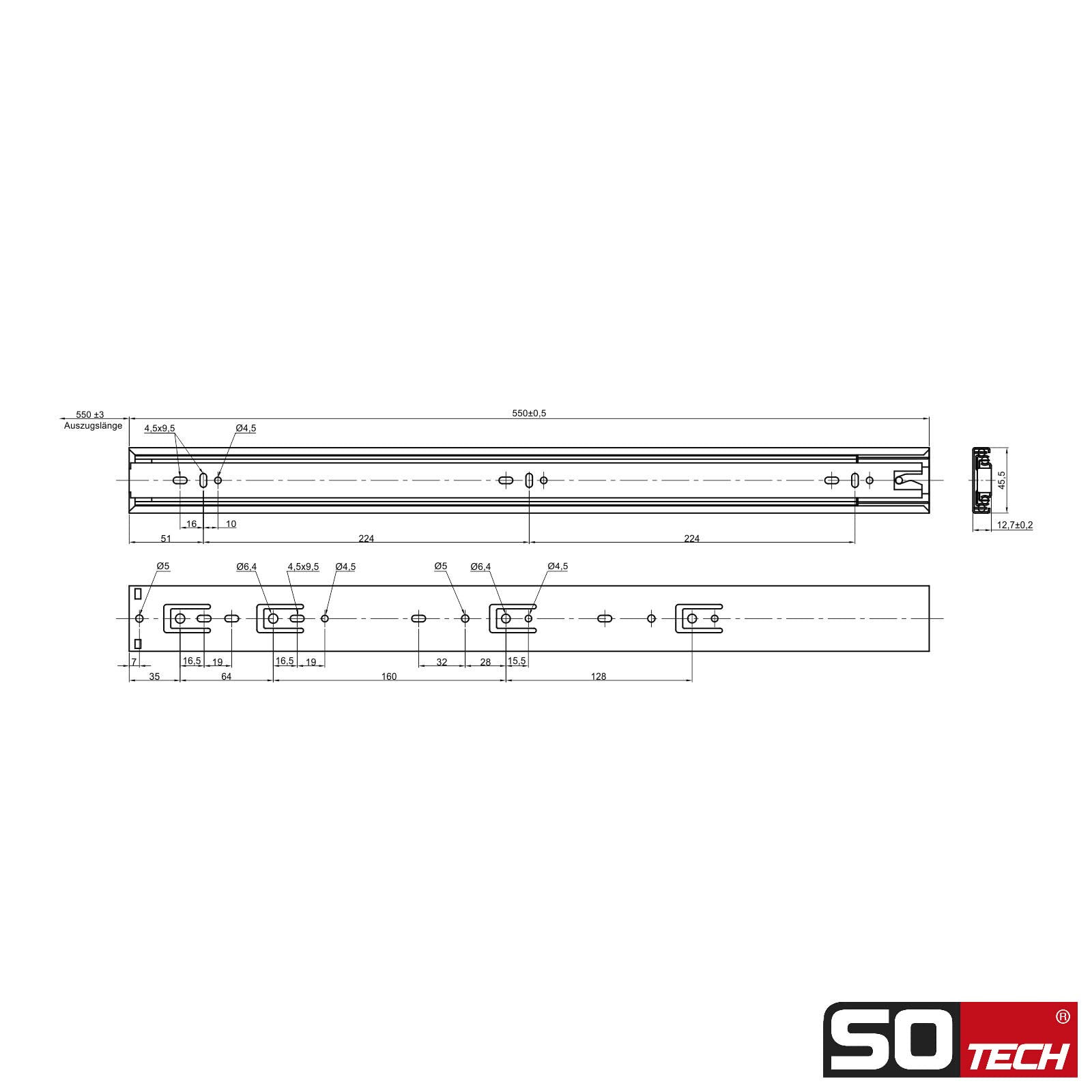 SOTECH Vollauszüge KV-35-H45-L550-S-MS 550 mm Selbsteinzug 35 kg Teleskopschiene