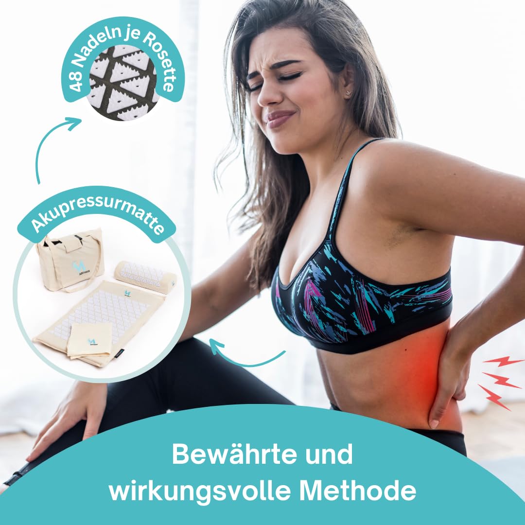 Akupressurmatte (Schwarz) - Das ORIGINAL von MARTneck -Natur Set Kokosfaser mit Kissen, Tuch und Tasche - Akupressurmatte zur Massage und Entspannung von Rücken und HWS