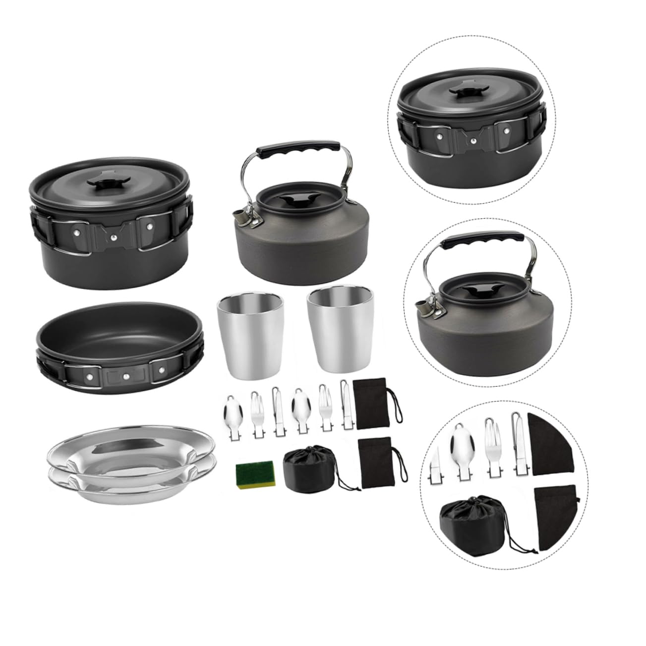 Kit de Cocina de Camping para 2-3 Personas, Juego de Utensilios de Aleación de Aluminio Negro, Fácil de Transportar y Almacenar para Actividades al Aire Libre