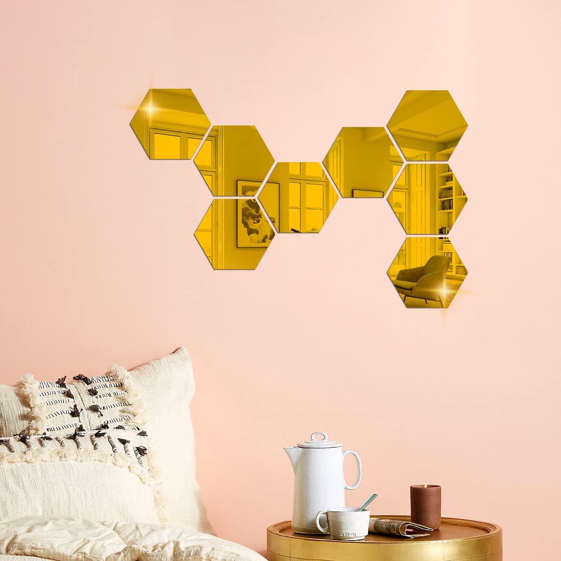 DSticker 8 Hexagon Mirror Gold Wall Stickers for Wall Size (10.5x12.1) Cm Acrylic Mirror for Wall Stickers for Bedroom | Bathroom | Kitchen | Living Room Decoration Items (A-8HexaGold)