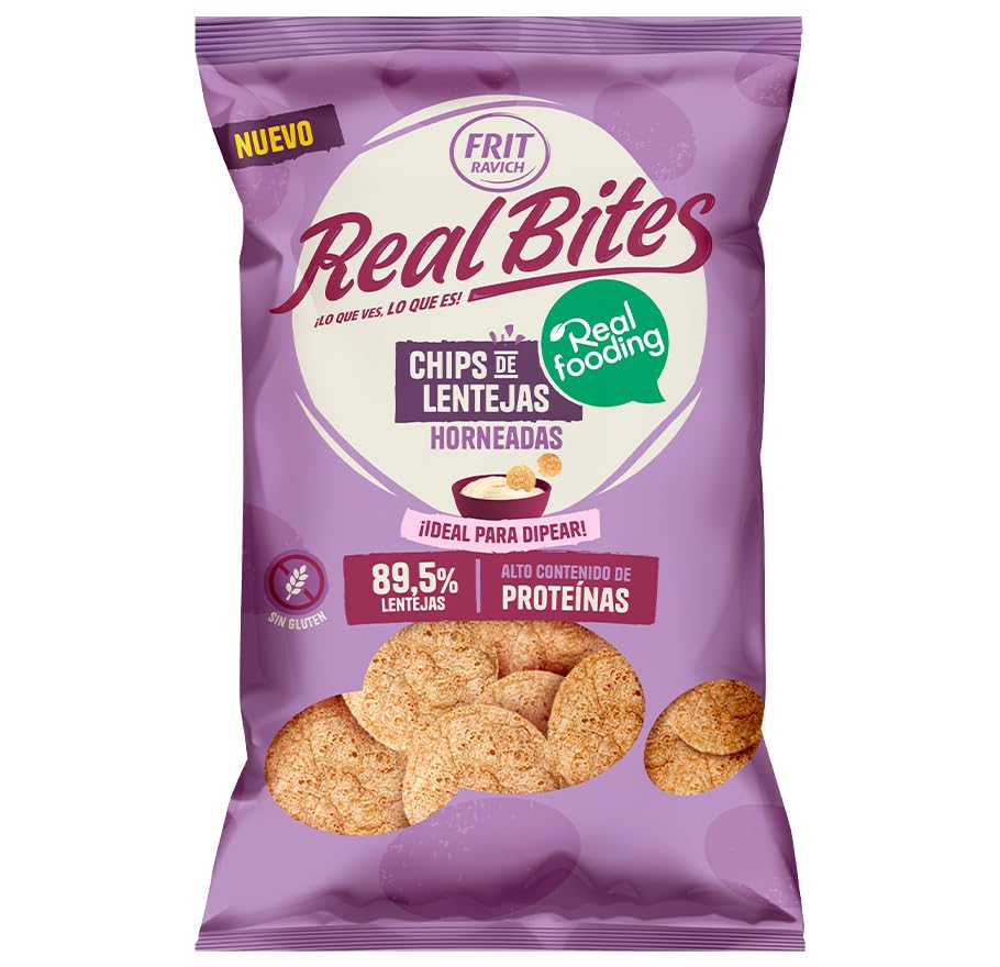 Chips de Lenteja RealFooding - Caja 6 Paquetes - Sabor: Original. 6 Bolsas x 80 gramos. Chips de Lenteja al 86% Horneados - RealBites - Sin Gluten