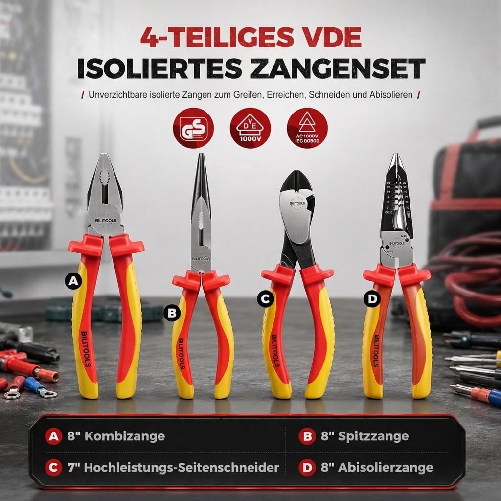 BILITOOLS Vde Zangen Set 4-tlg, Elektriker Zangen 1000V Isoliert, Cr-Mo