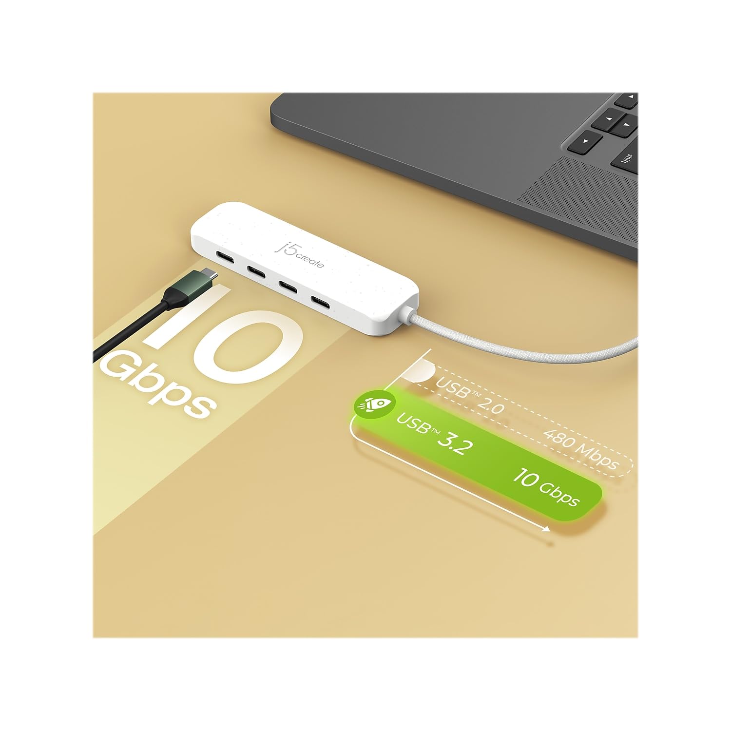 j5create 4-in-1 USB-C to 4-Port 10Gbps Type-C Hub, Eco-Friendly, Compatible with MacBook Pro, MacBook Air, iPad, Mac mini, Windows Laptop, and More(JCH345EW)